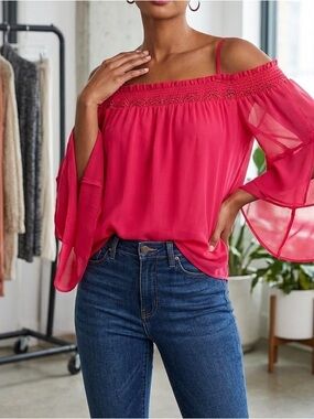 🔥$10 FINAL PRICE🔥 INC International Concepts Women’s Hot Pink Cold-Shoulder Laye